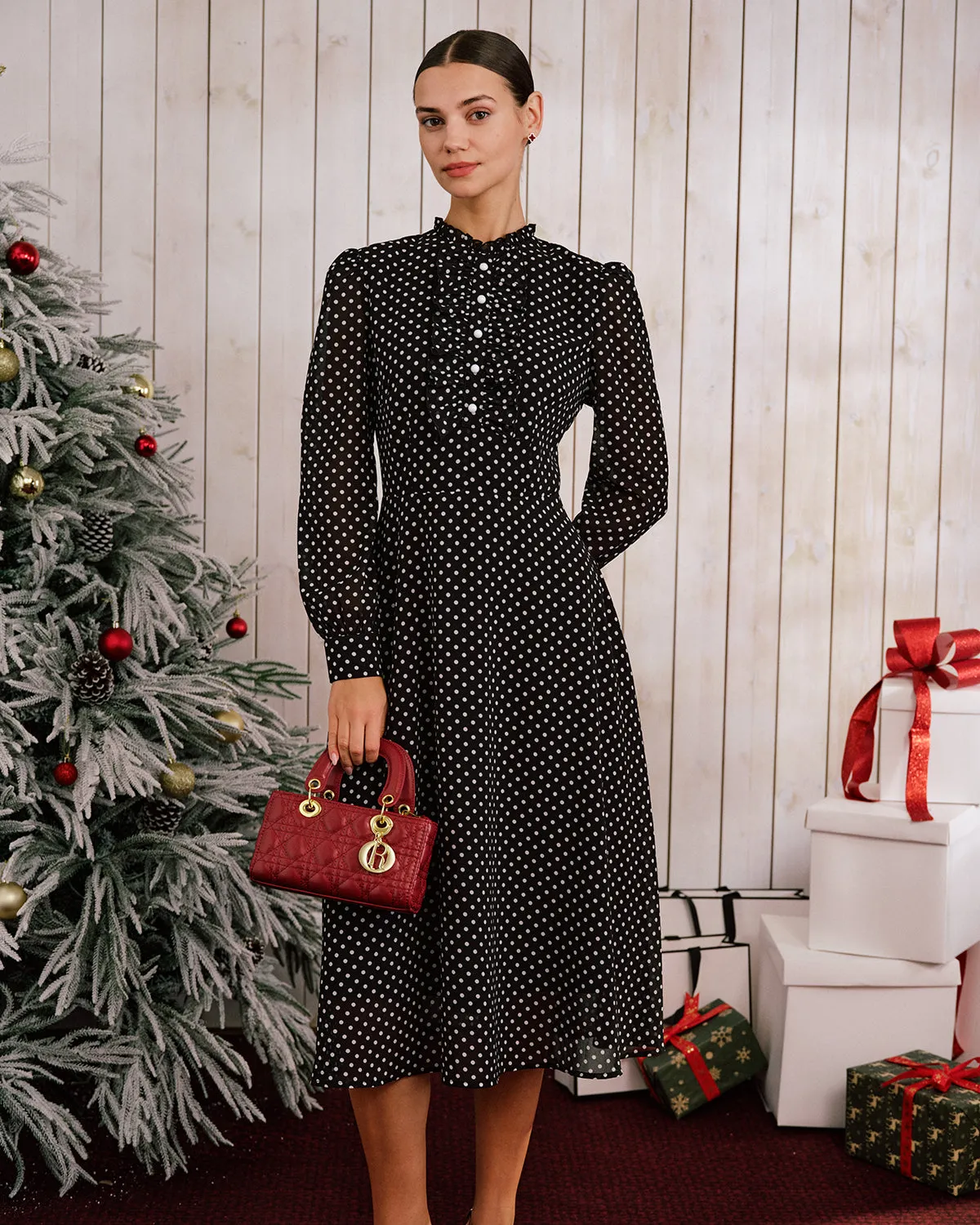 Black Polka Dot Mock Neck Midi Dress sold by rihoas