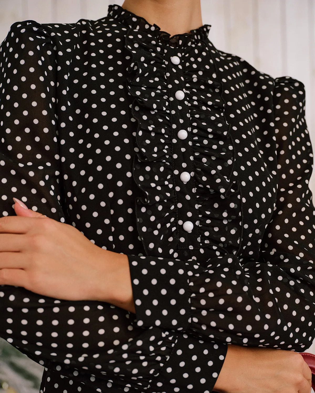 Black Polka Dot Mock Neck Midi Dress sold by rihoas product image thumbnail 2