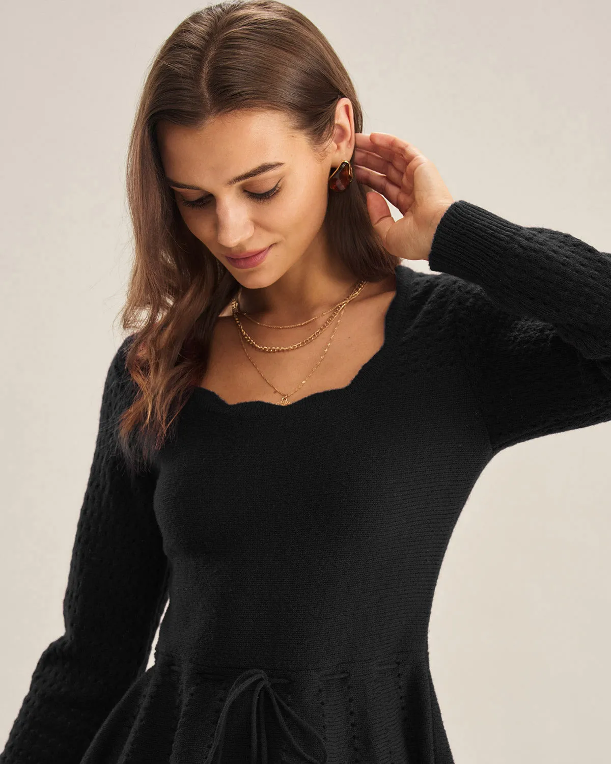 Black Scalloped A-Line Sweater Dress sold by rihoas product image thumbnail 2