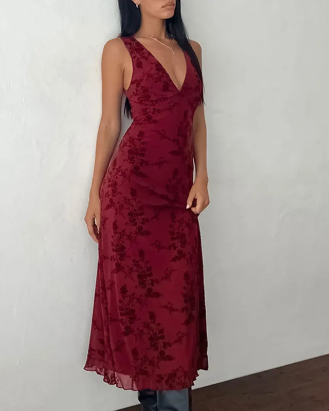 Wine Red Floral Sleeveless Midi Dress sold by rihoas