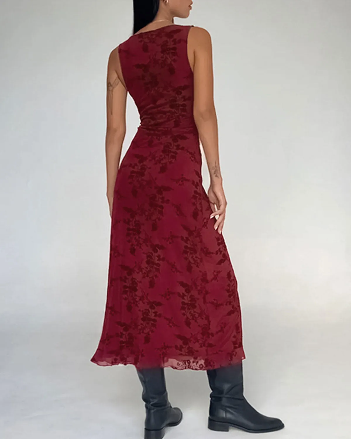 Wine Red Floral Sleeveless Midi Dress sold by rihoas product image thumbnail 4