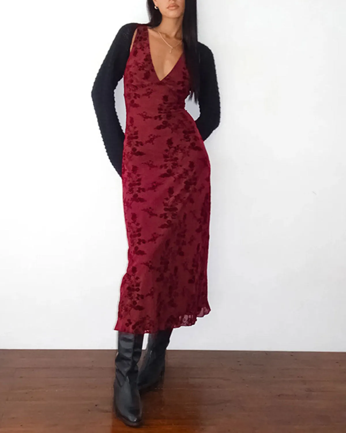 Wine Red Floral Sleeveless Midi Dress sold by rihoas product image thumbnail 3