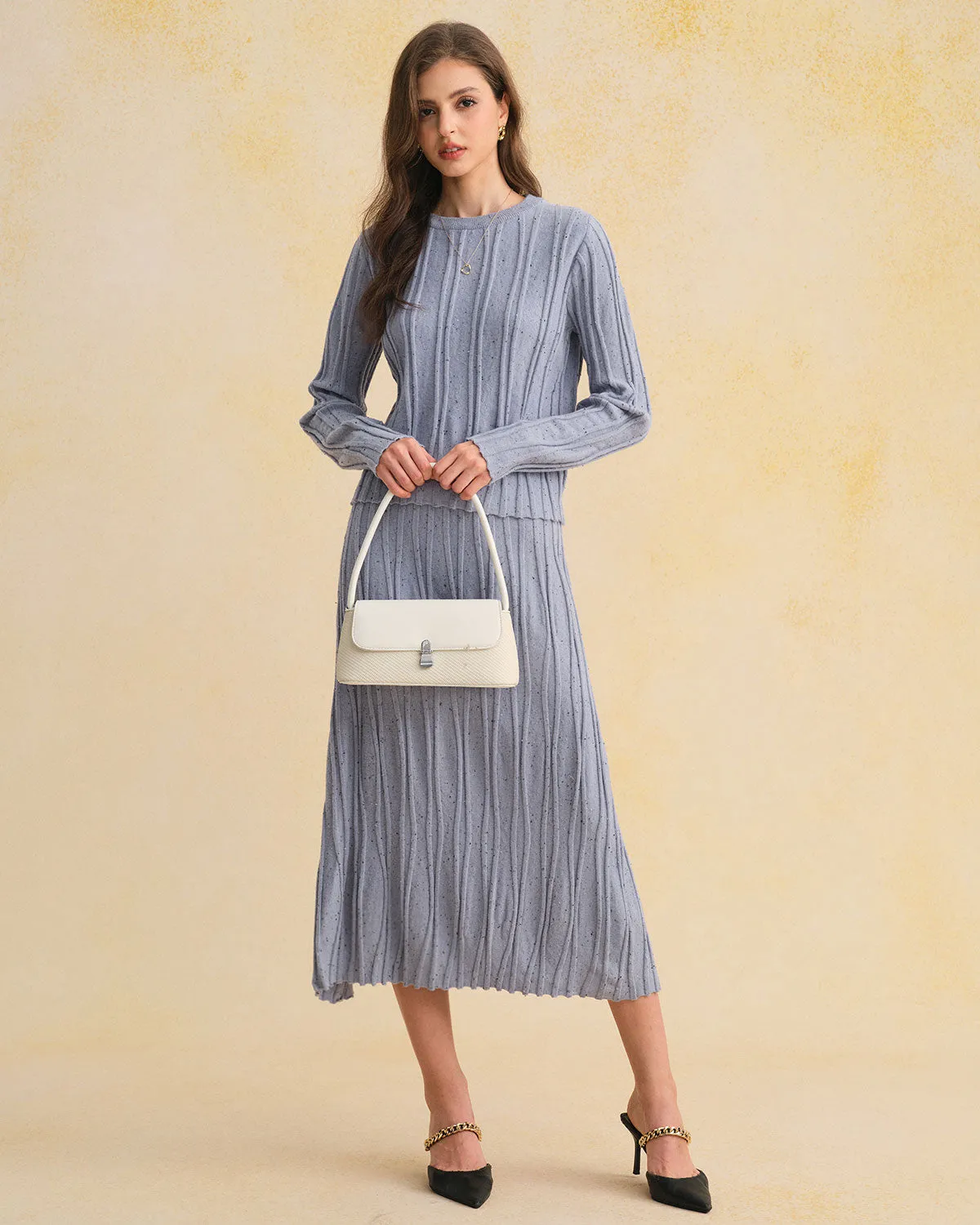 Blue Elastic Waist A-Line Midi Skirt sold by rihoas product image thumbnail 3