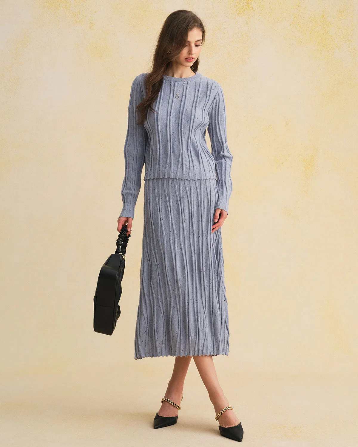 Blue Elastic Waist A-Line Midi Skirt sold by rihoas product image thumbnail 4