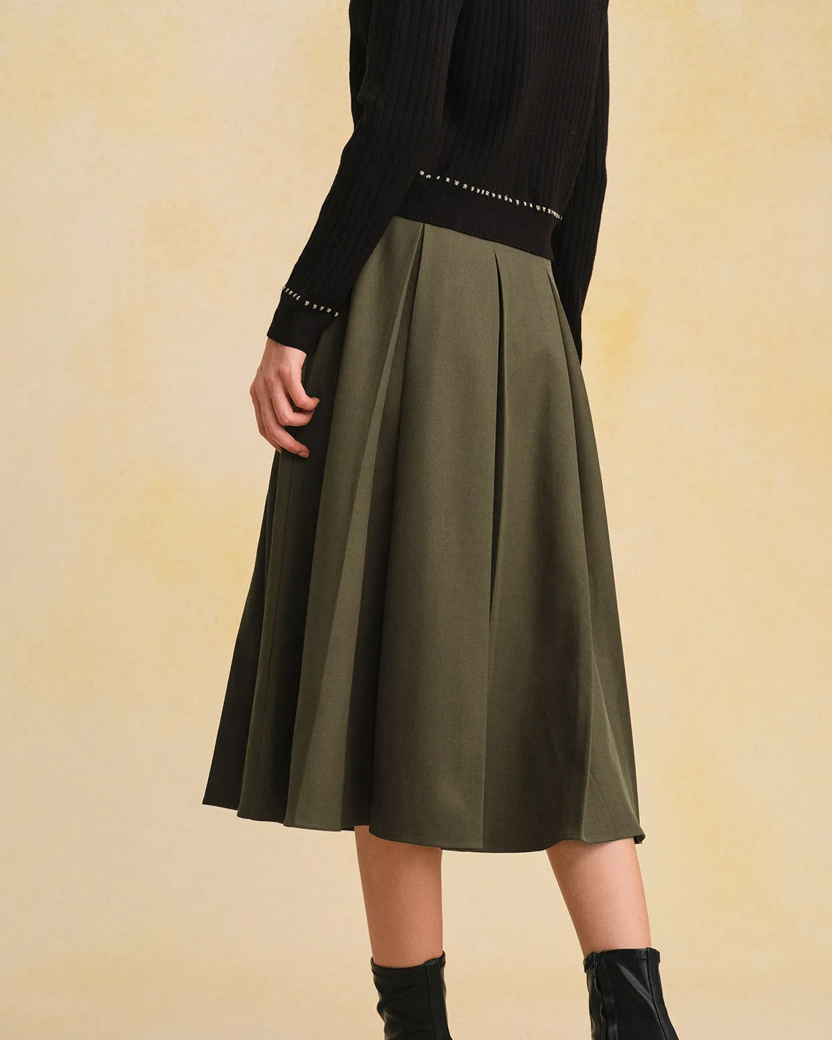 Green A-Line Pleated Midi Skirt sold by rihoas product image thumbnail 3