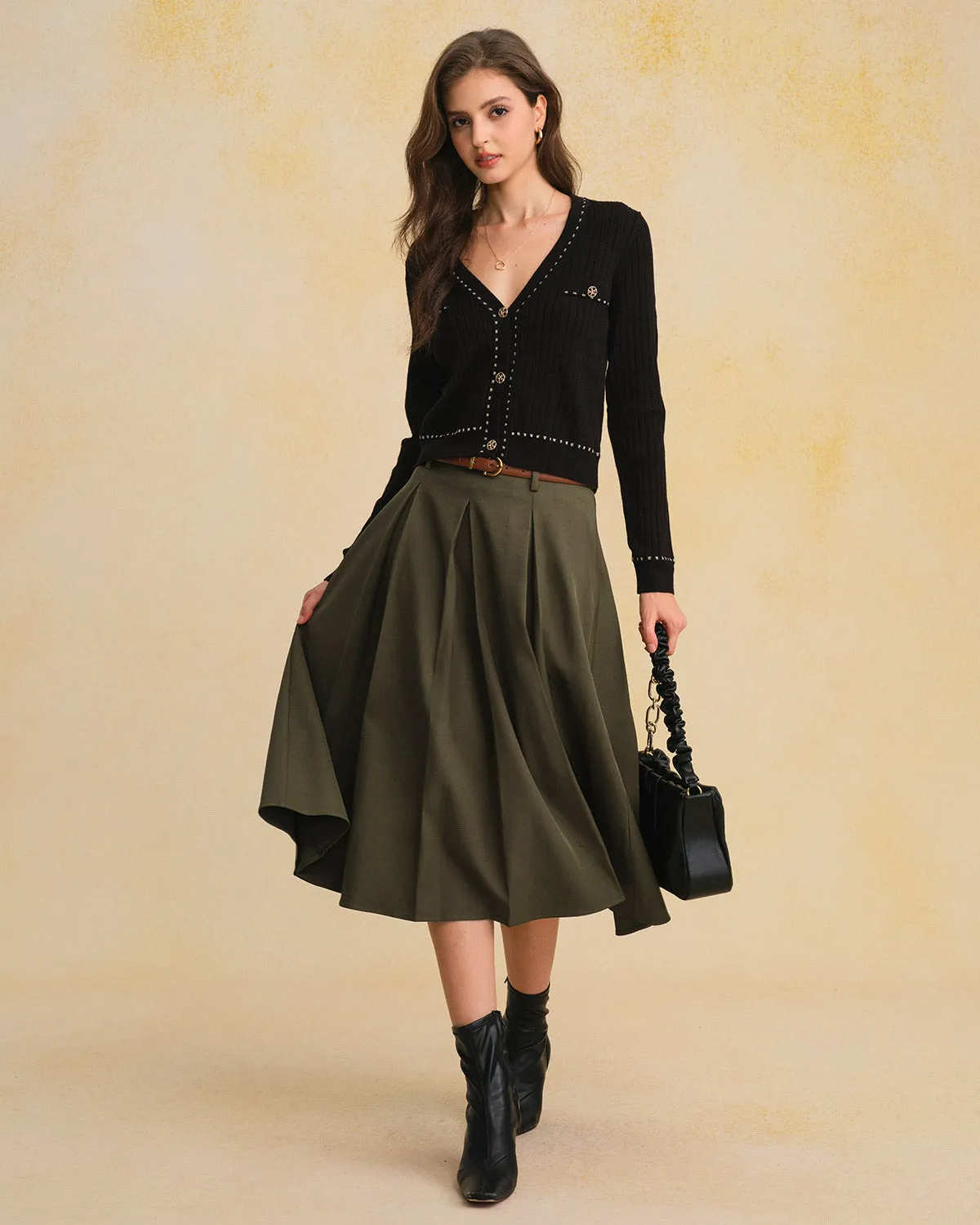 Green A-Line Pleated Midi Skirt sold by rihoas product image thumbnail 4