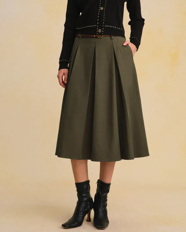 Green A-Line Pleated Midi Skirt sold by rihoas