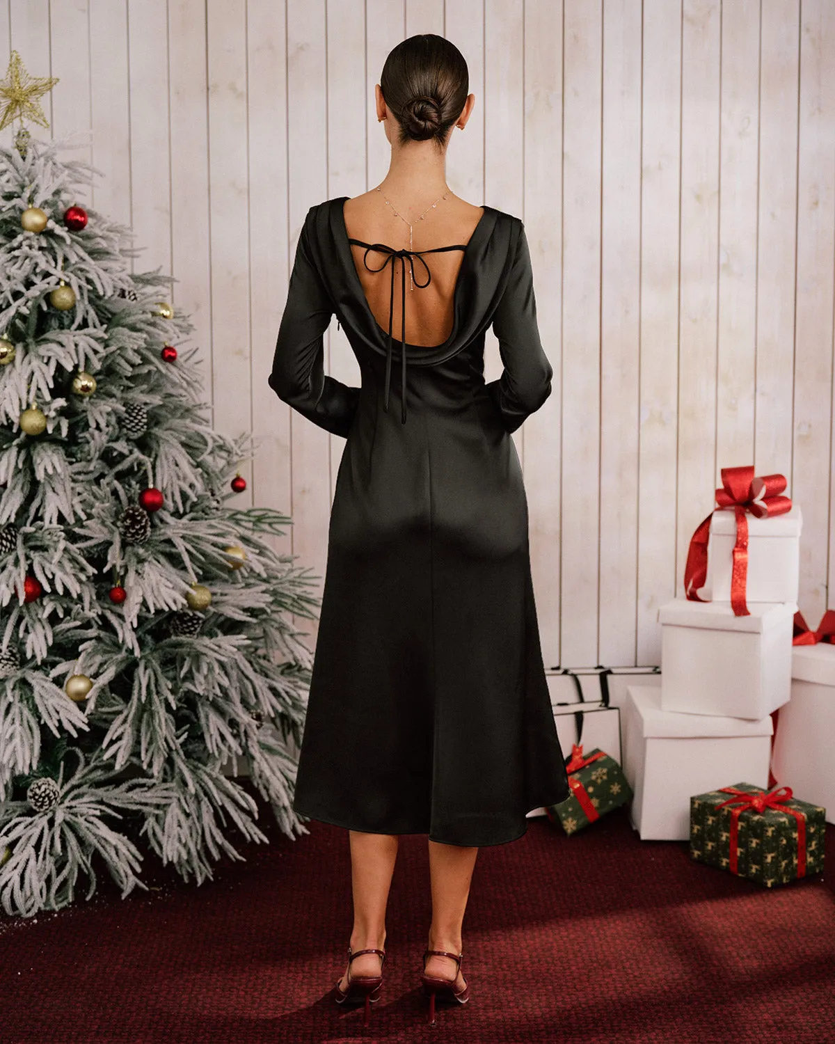 Black Satin Boat Neck Backless Midi Dress sold by rihoas product image thumbnail 5
