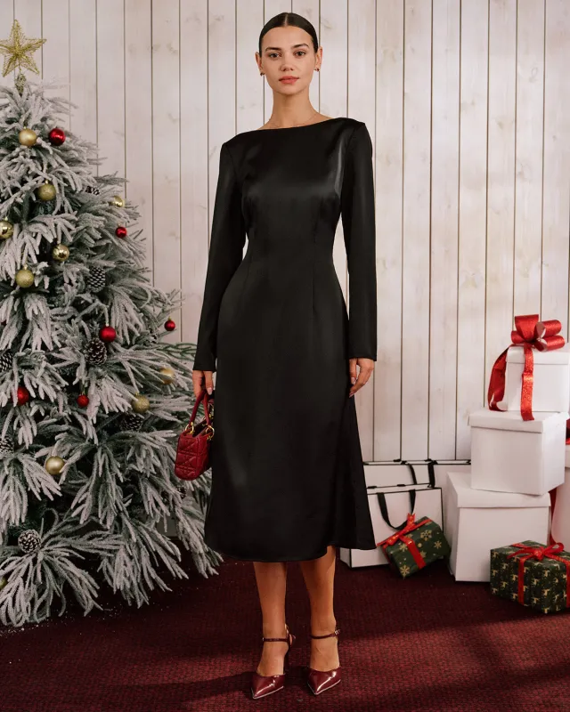 Black Satin Boat Neck Backless Midi Dress sold by rihoas