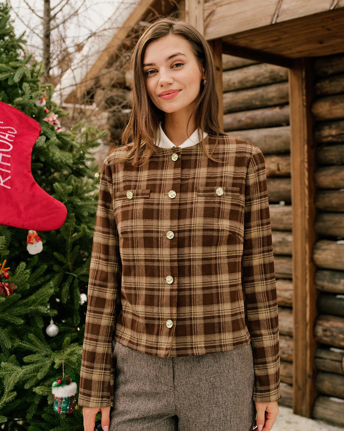 Brown Plaid Single Breasted Jacket sold by rihoas product image thumbnail 2