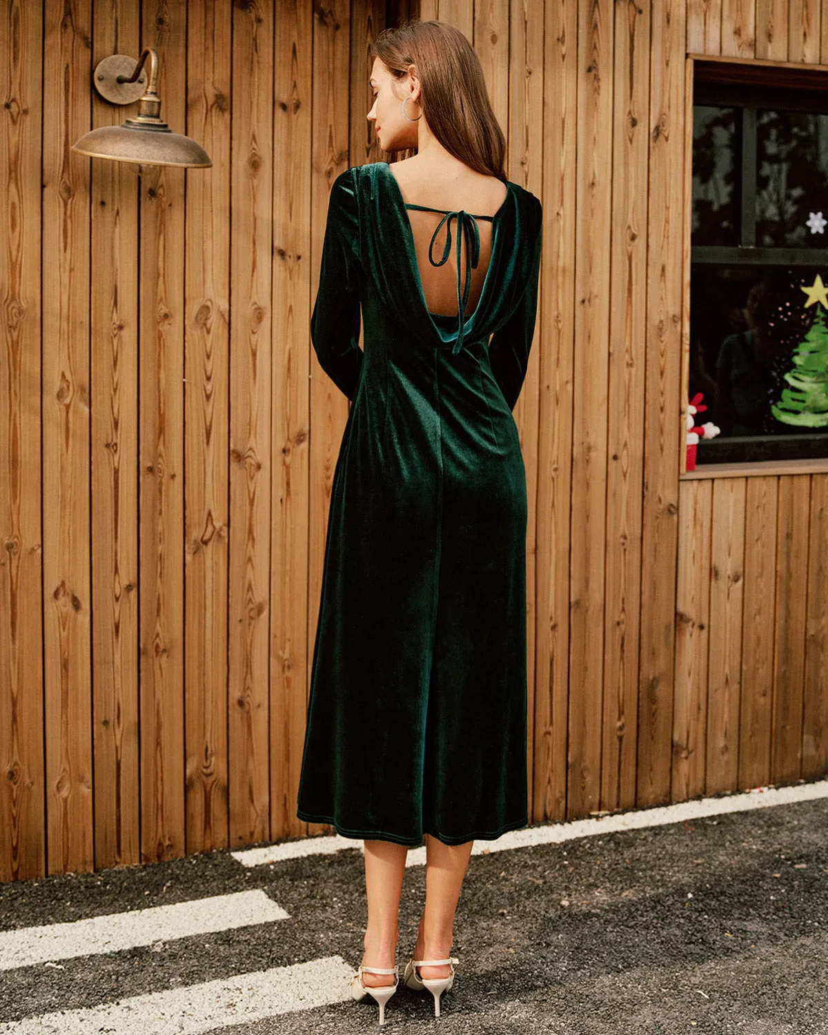 Green Velour Boat Neck Ruched Midi Dress sold by rihoas product image thumbnail 4
