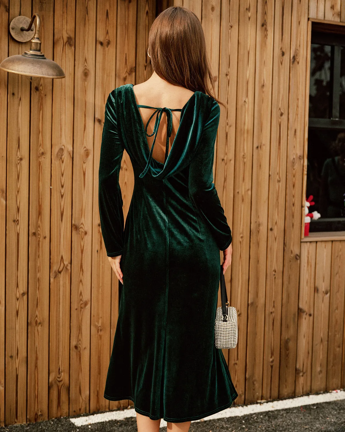 Green Velour Boat Neck Ruched Midi Dress sold by rihoas product image thumbnail 2