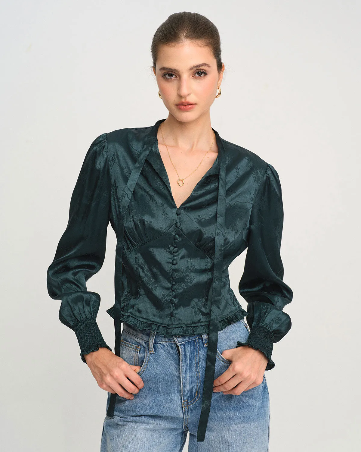 Green Jacquard Tie Neck Blouse sold by rihoas product image thumbnail 3