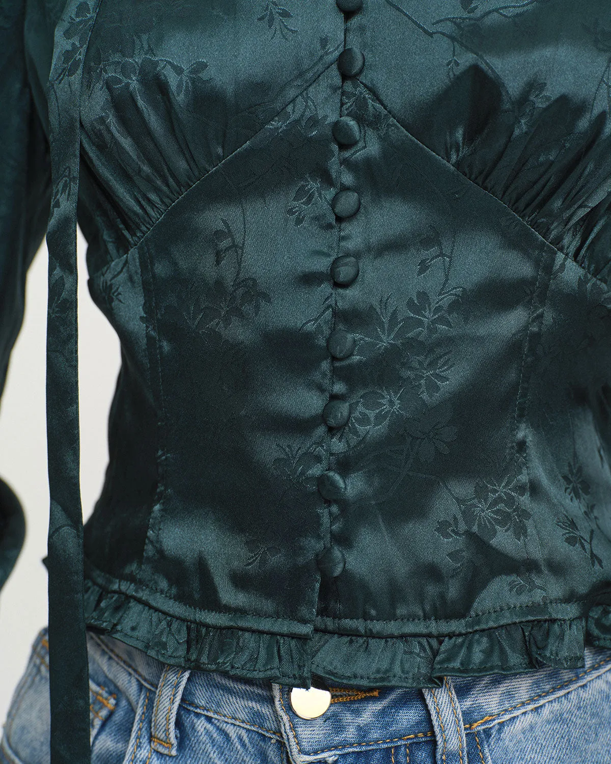 Green Jacquard Tie Neck Blouse sold by rihoas product image thumbnail 2