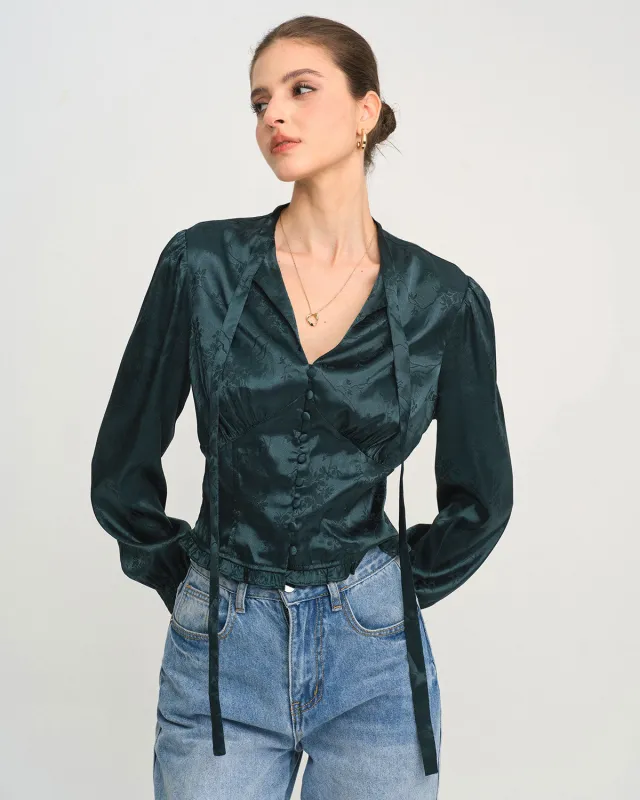 Green Jacquard Tie Neck Blouse sold by rihoas