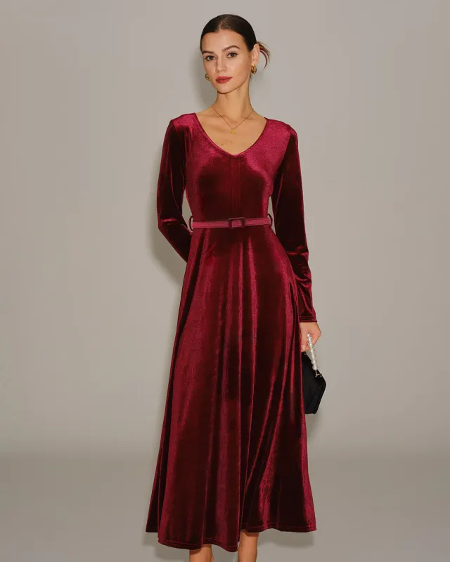 Wine Red Velour V Neck Maxi Dress sold by rihoas