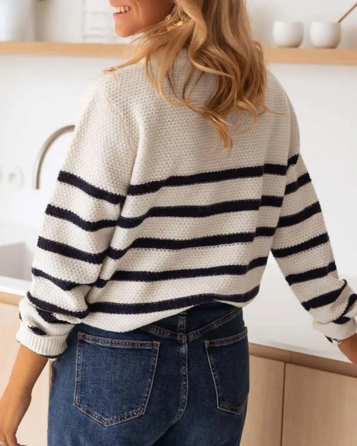 Apricot Striped Round Neck Cardigan sold by rihoas product image thumbnail 4