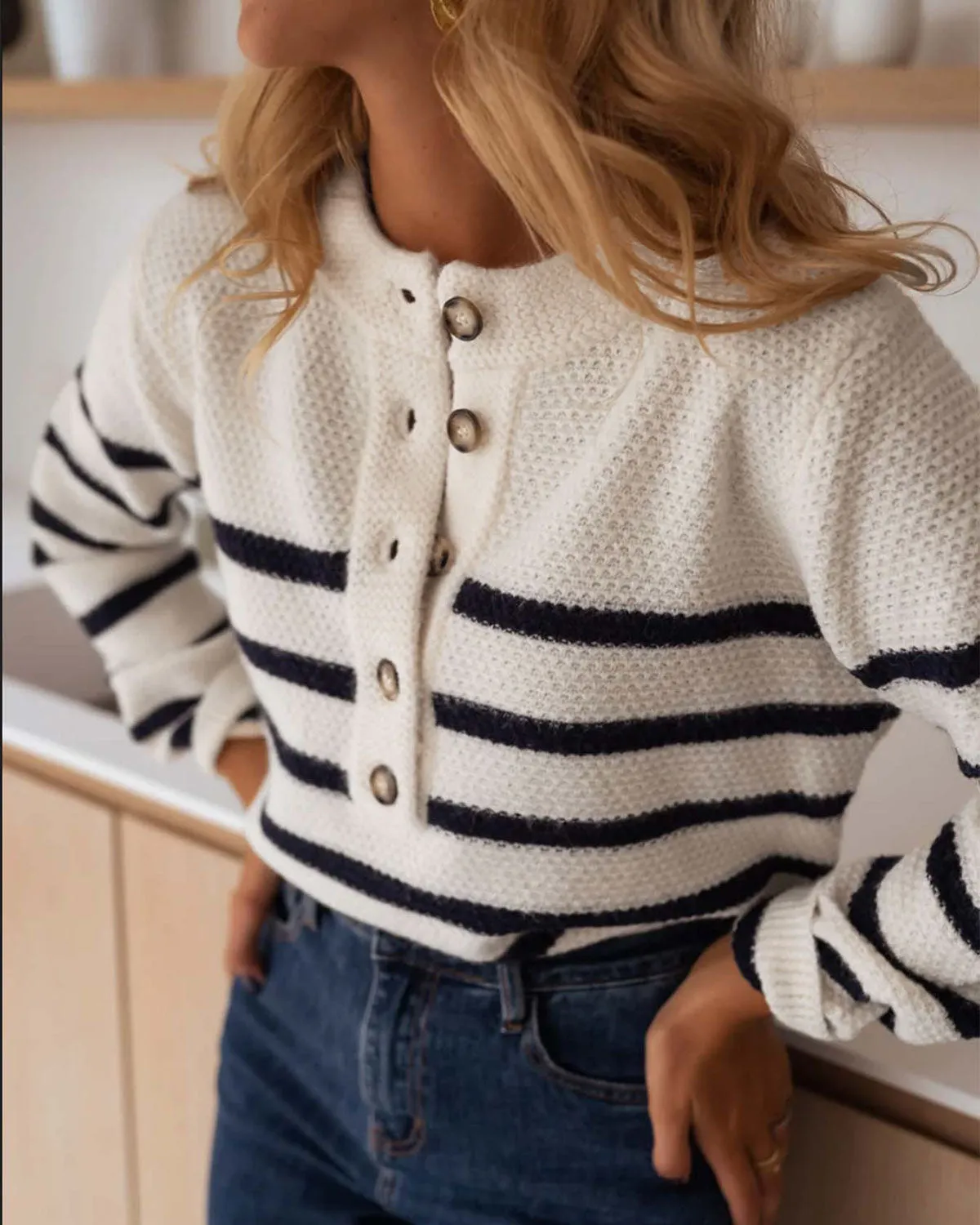 Apricot Striped Round Neck Cardigan sold by rihoas product image thumbnail 2