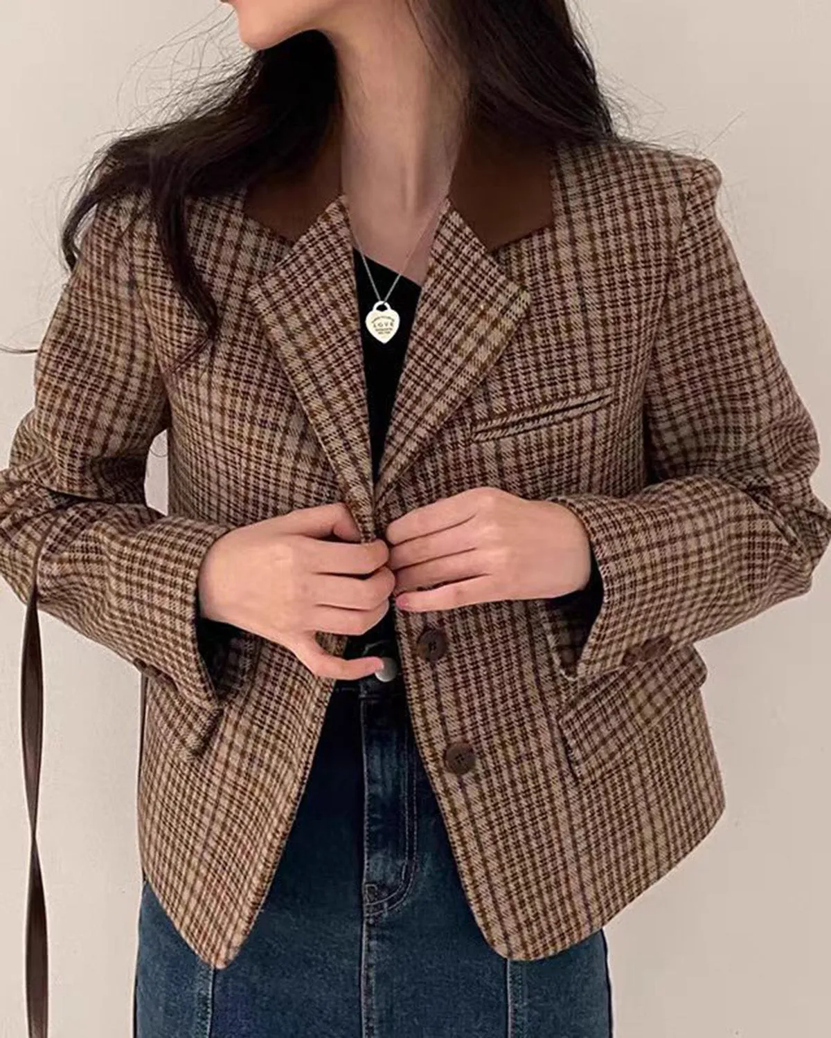 Coffee Plaid Single Breasted Jacket sold by rihoas