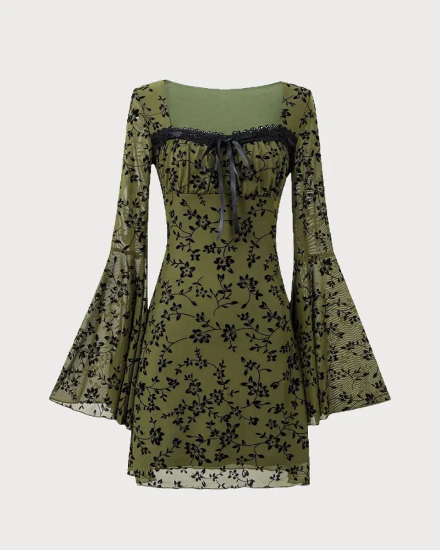 Green Floral Bell Sleeve Mini Dress sold by rihoas