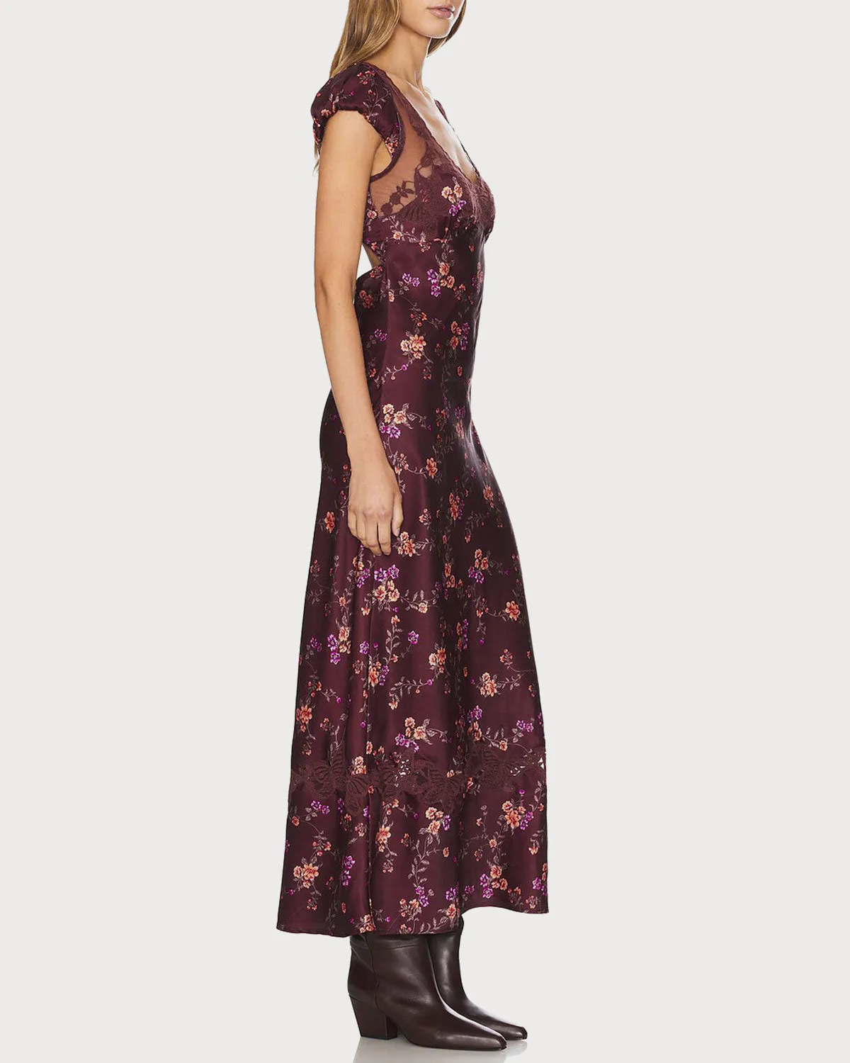Wine Red Floral Cap Sleeve Maxi Dress sold by rihoas product image thumbnail 2