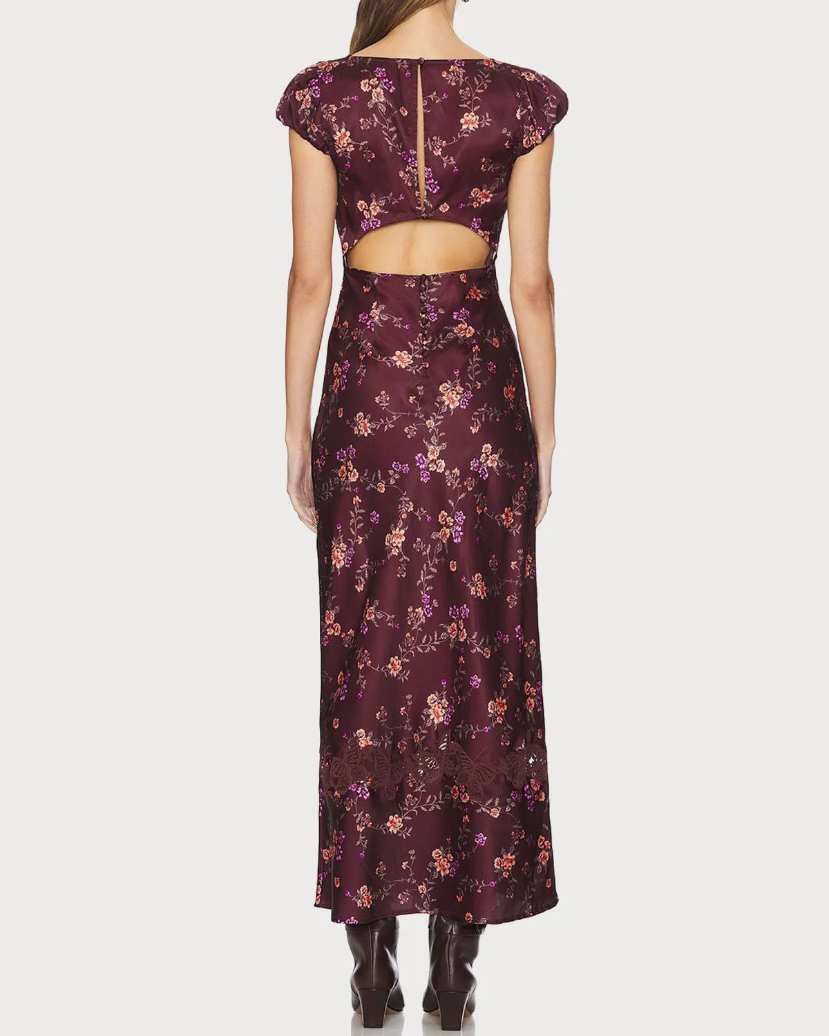 Wine Red Floral Cap Sleeve Maxi Dress sold by rihoas product image thumbnail 3