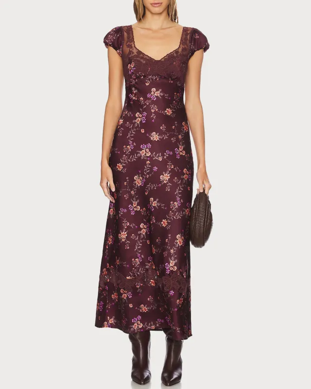 Wine Red Floral Cap Sleeve Maxi Dress sold by rihoas