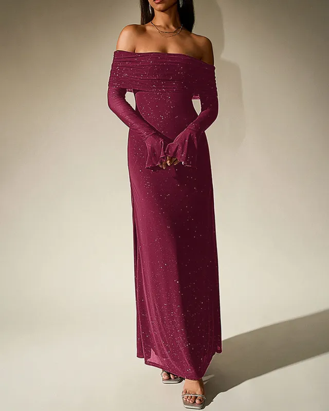 Wine Red Bell Sleeve Strapless Maxi Dress sold by rihoas