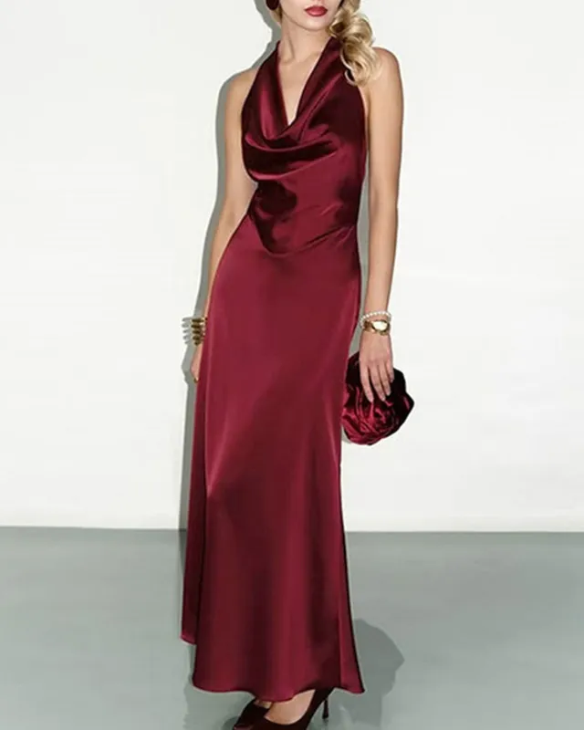 Wine Red Satin Halter Maxi Dress sold by rihoas