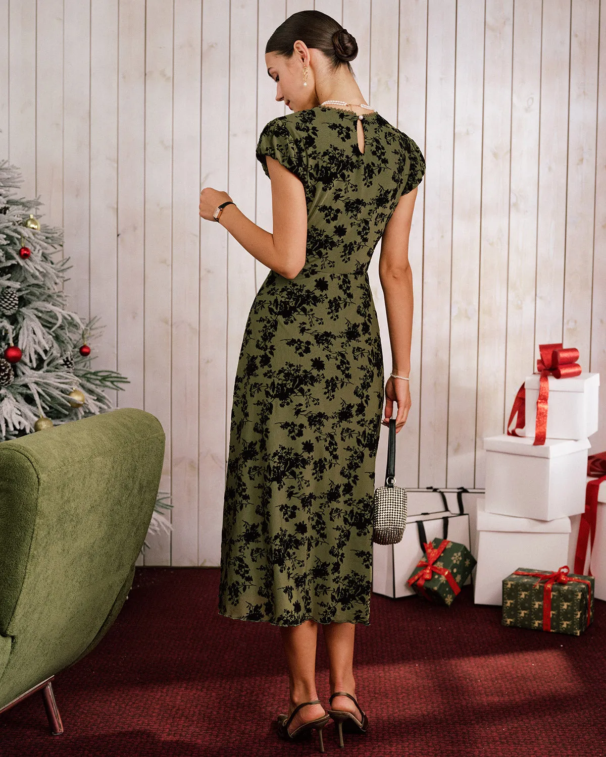 Green Floral A-Line Cap Sleeve Midi Dress sold by rihoas product image thumbnail 5