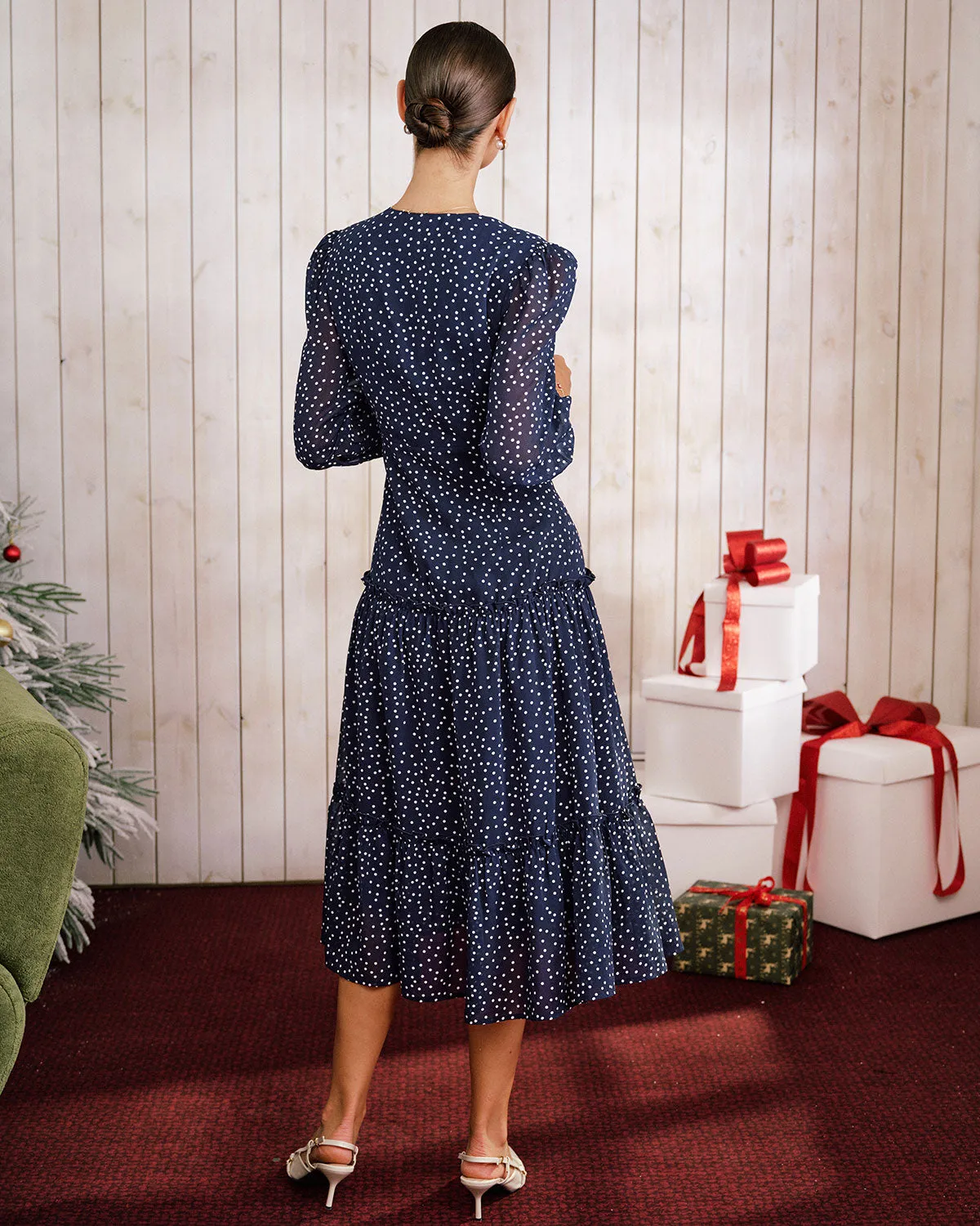 Blue Polka Dot V Neck Midi Dress sold by rihoas product image thumbnail 5
