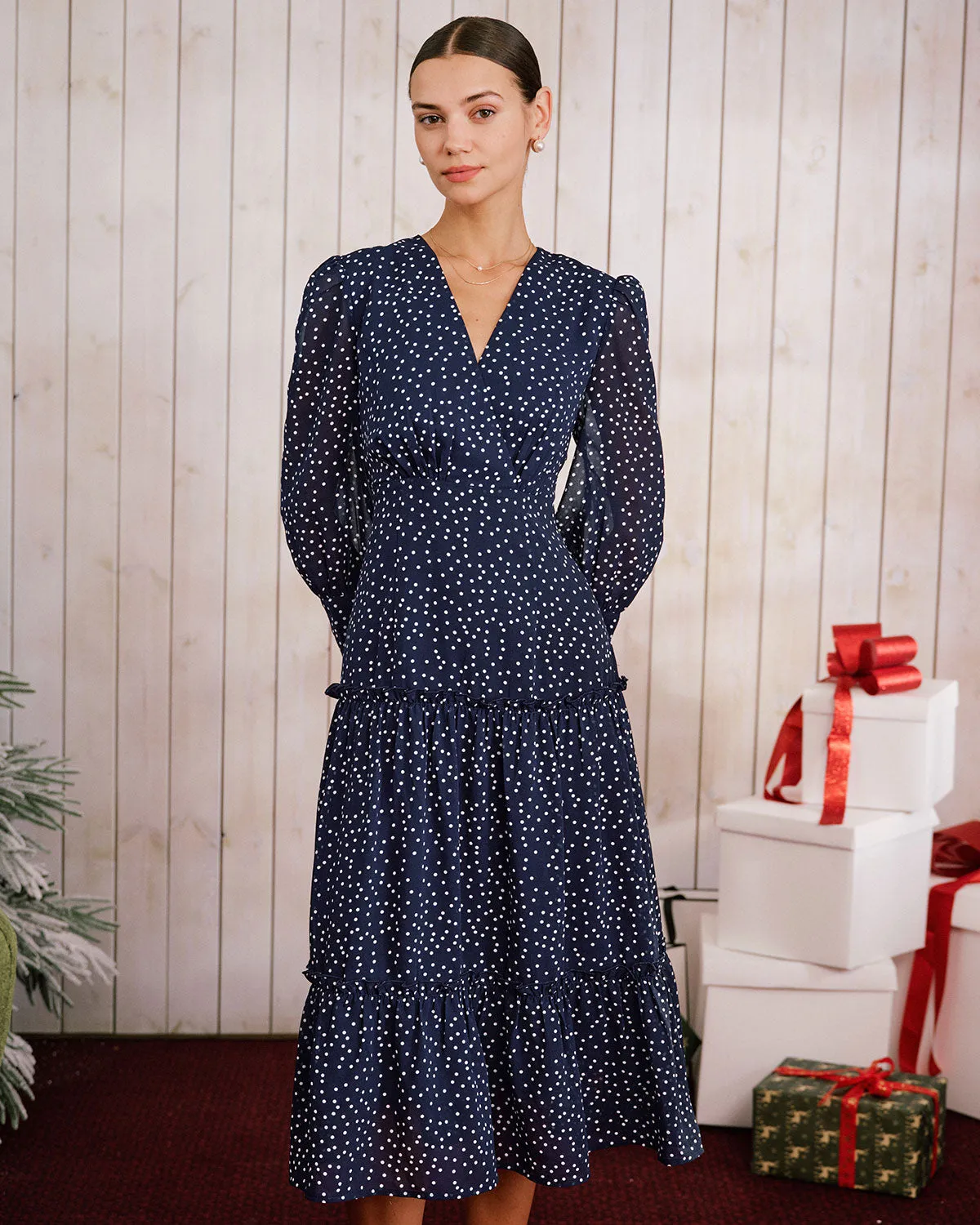 Blue Polka Dot V Neck Midi Dress sold by rihoas product image thumbnail 2