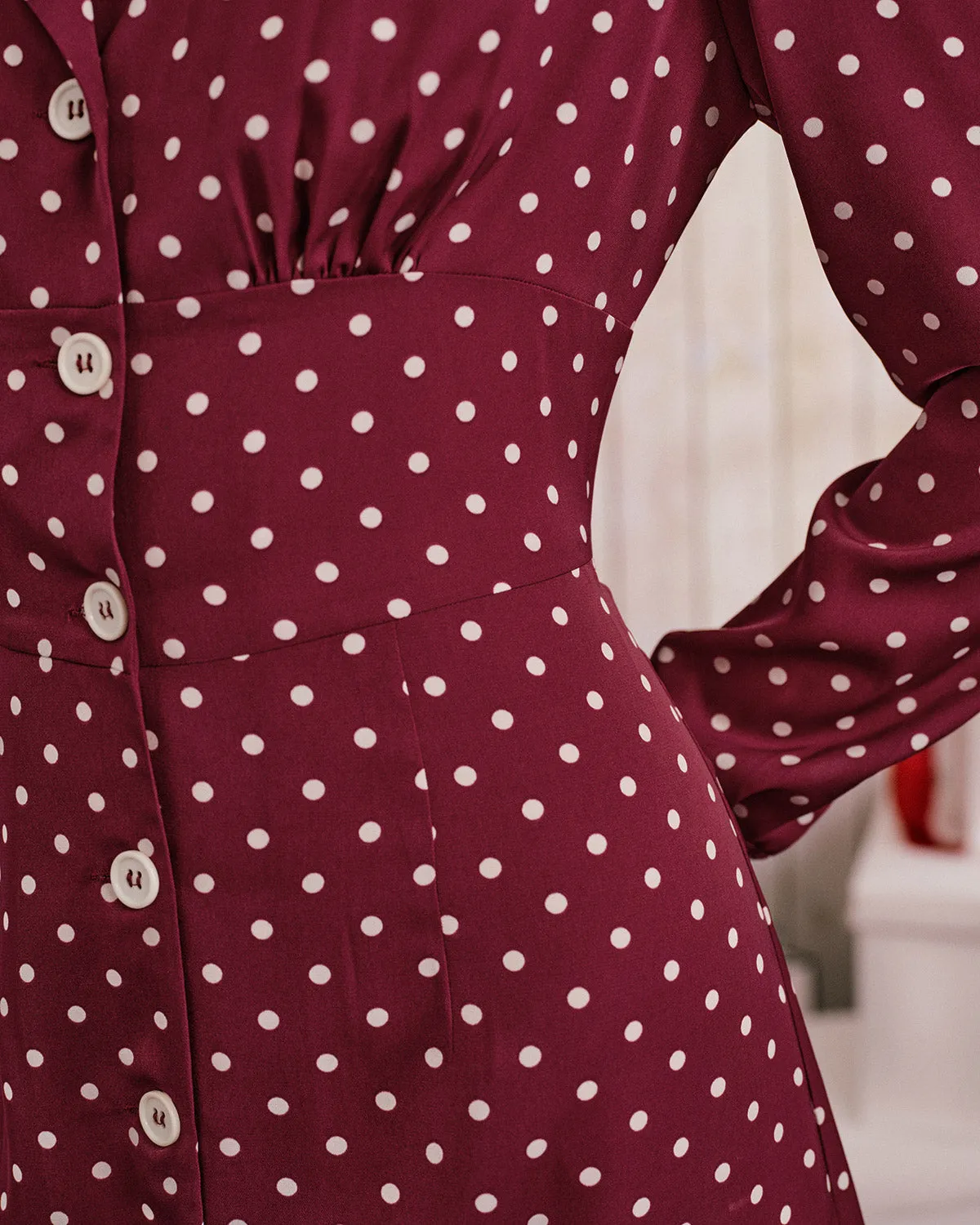 Wine Red Polka Dot Ruched Midi Dress sold by rihoas product image thumbnail 2