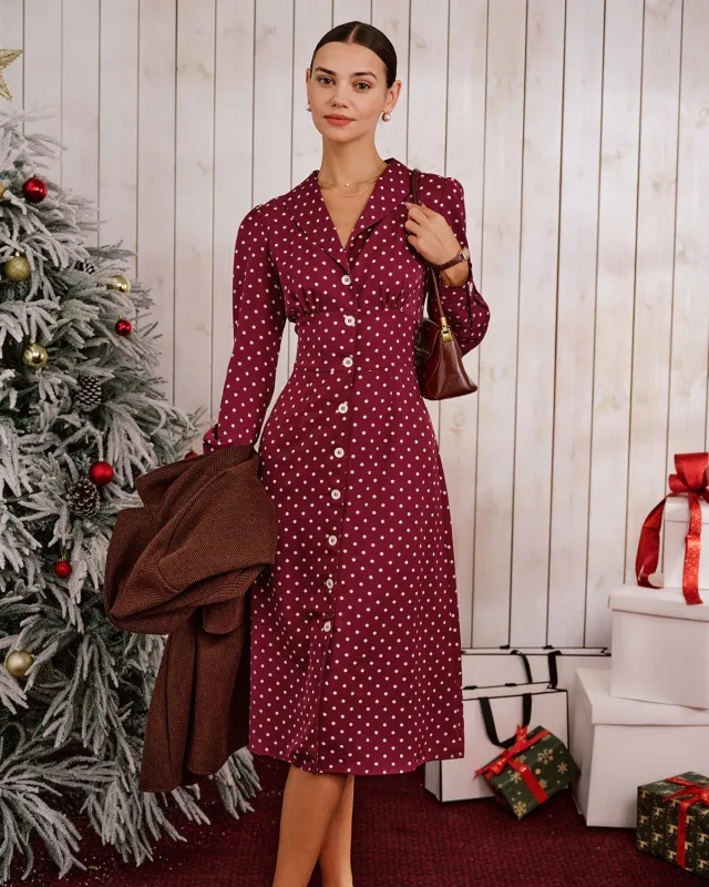 Wine Red Polka Dot Ruched Midi Dress sold by rihoas