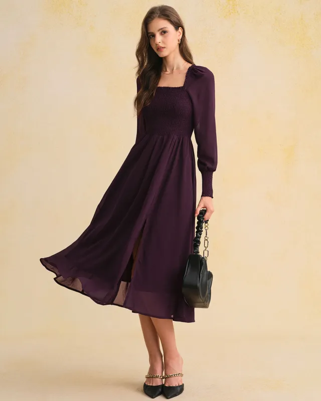 Purple Chiffon Shirred Lantern Sleeve Midi Dress sold by rihoas