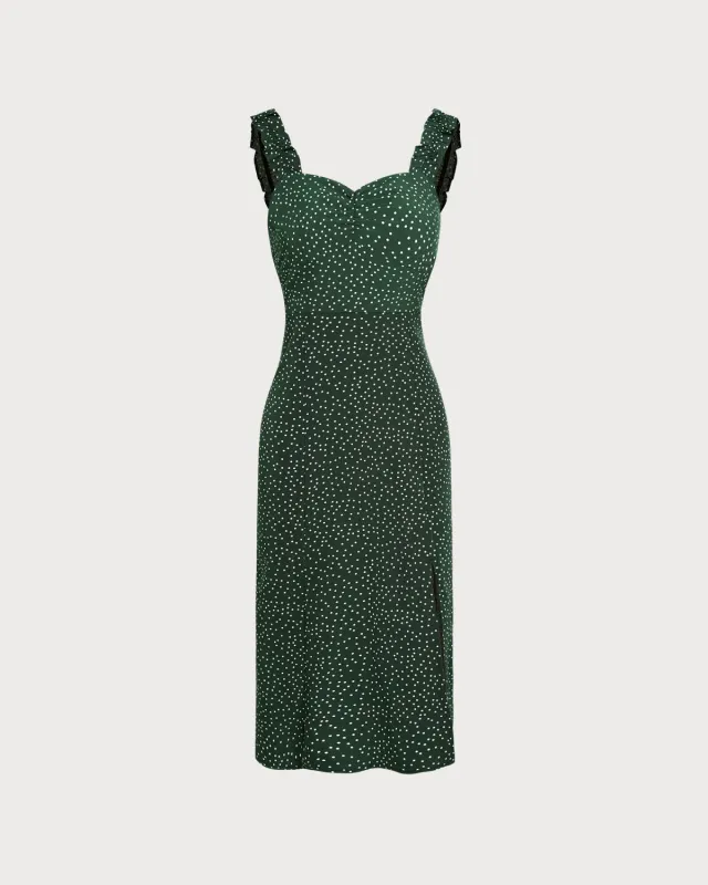 Green Polka Dot Shirred Midi Dress sold by rihoas