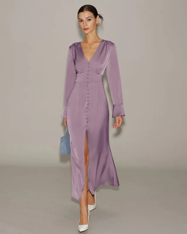 Purple Satin V Neck Bell Sleeve Maxi Dress sold by rihoas