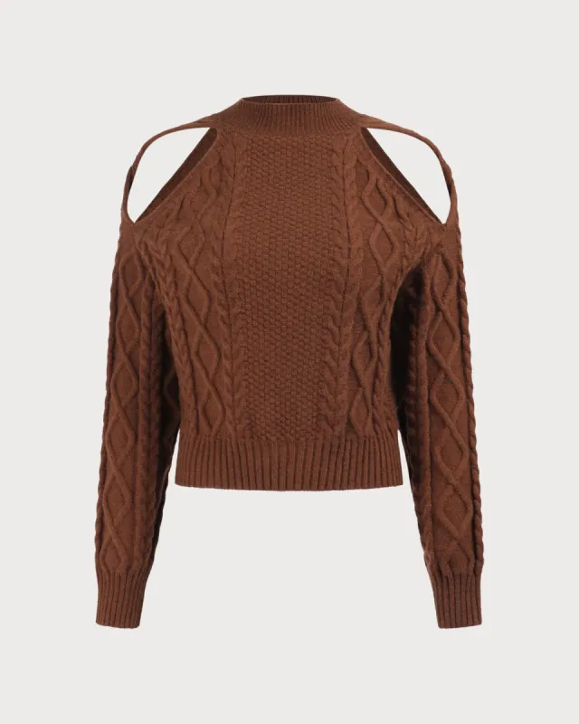 The Coffee Cutout Shoulder Woolen Knit Top sold by rihoas
