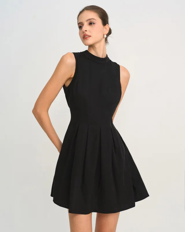 Black Mock Neck Ruched Sleeveless Mini Dress sold by rihoas