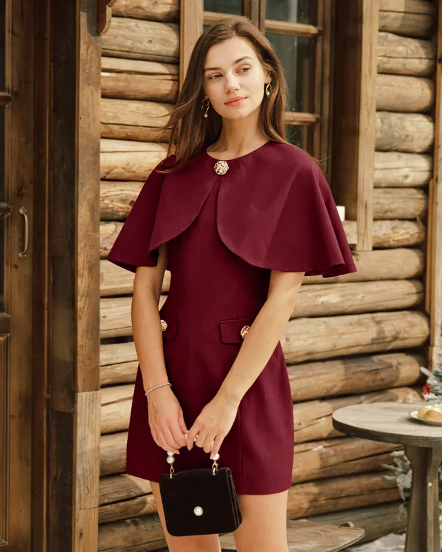 Wine Red Cape Sleeve Pocket Mini Dress sold by rihoas