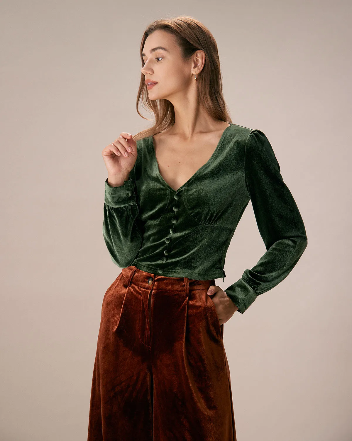 The Dark Green V Neck Button Velvet Blouse sold by rihoas product image thumbnail 3