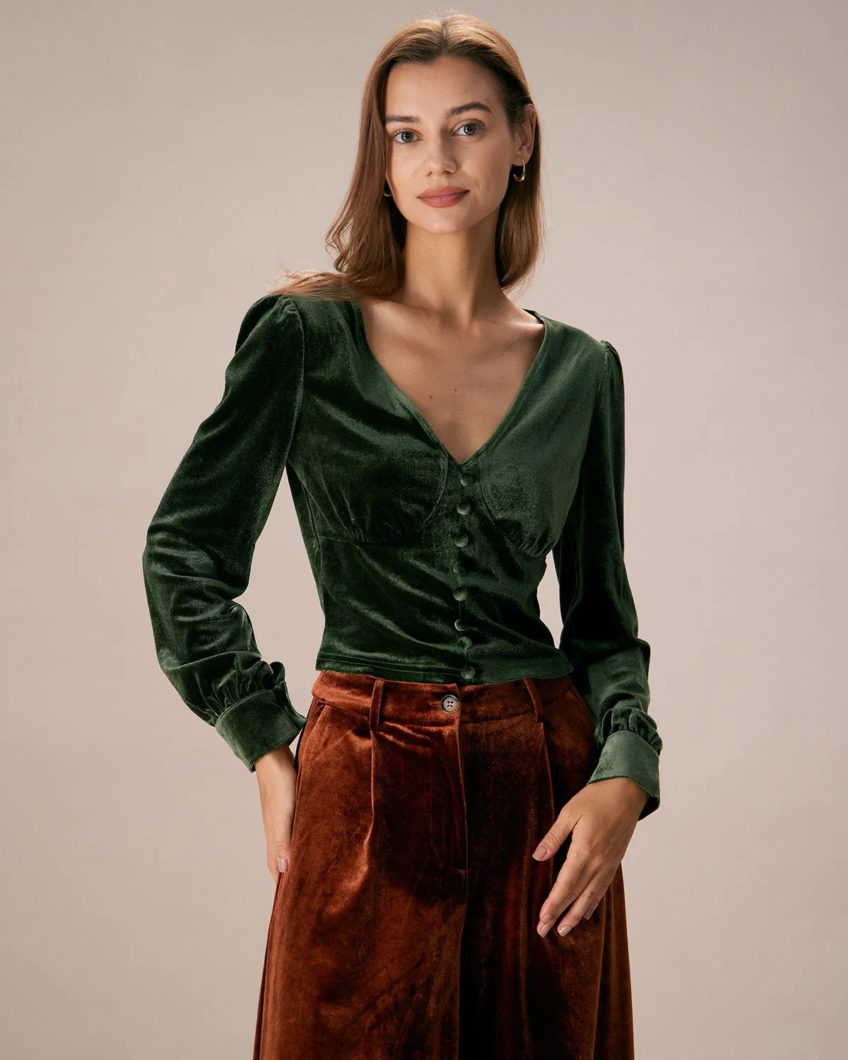 The Dark Green V Neck Button Velvet Blouse sold by rihoas