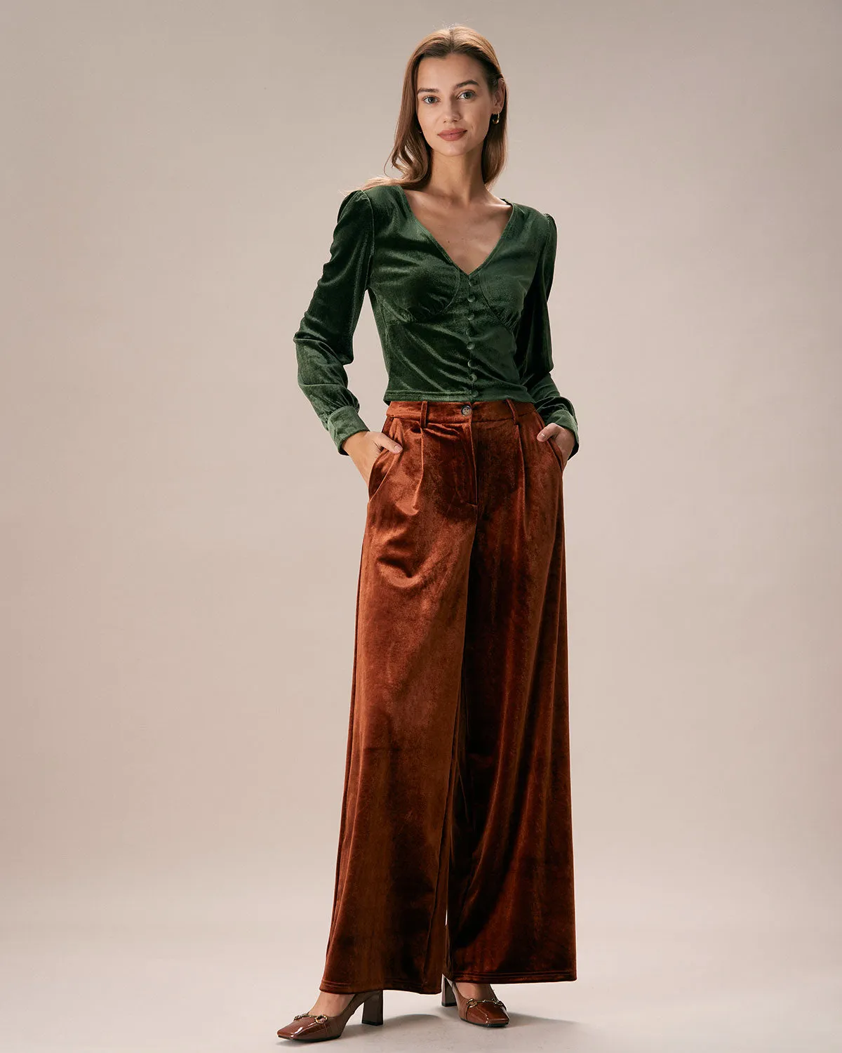 The Dark Green V Neck Button Velvet Blouse sold by rihoas product image thumbnail 5