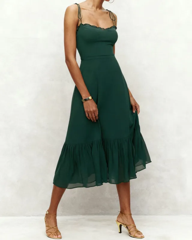 Green Shirred Tie Strap Midi Dress sold by rihoas