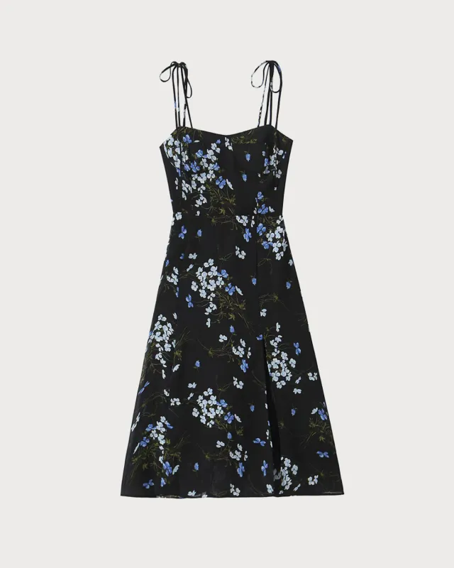 Black Floral Shirred Tie Strap Midi Dress sold by rihoas