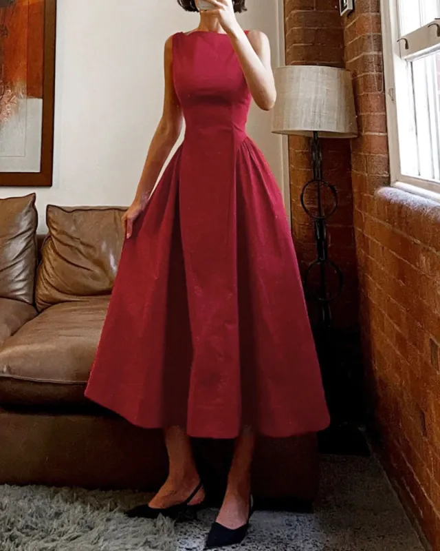 Red Boat Neck Sleeveless Midi Dress sold by rihoas