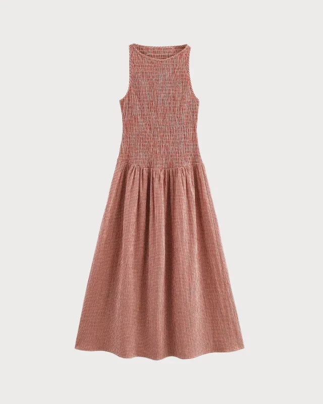 Pink Plaid Shirred Sleeveless Midi Dress sold by rihoas