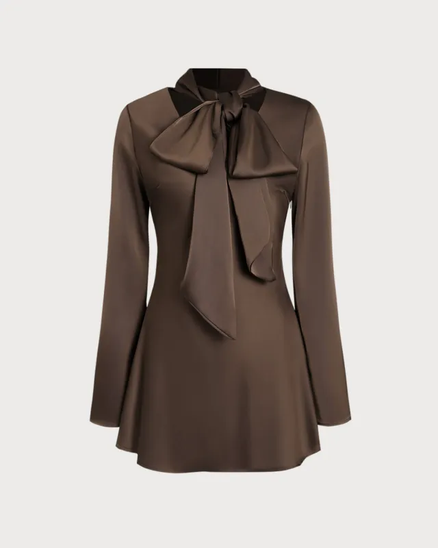 Coffee Satin Tie Neck Mini Dress sold by rihoas