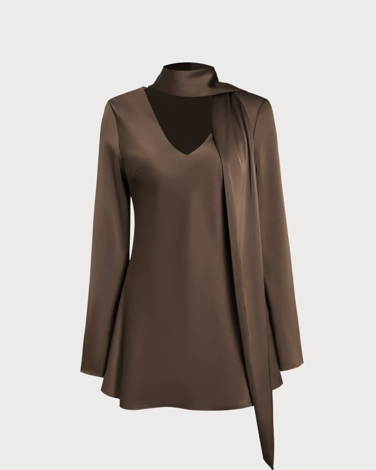 Coffee Satin Tie Neck Mini Dress sold by rihoas product image thumbnail 2