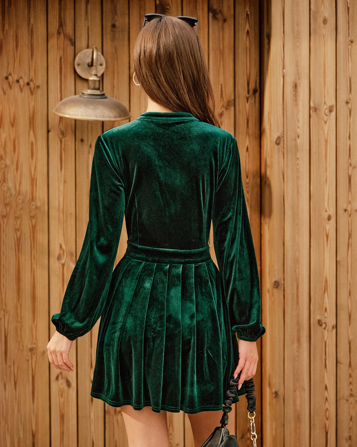 Green Velour Lantern Sleeve Mini Dress sold by rihoas product image thumbnail 3